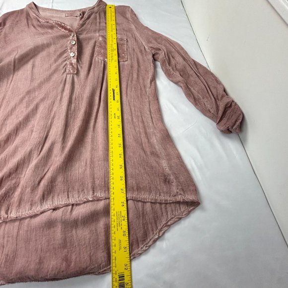 Hi-Lo Blouse Women Size Medium V-Neck Roll Up Sleeves Italy Flowy‎ Sequins Pink - Picture 14 of 16